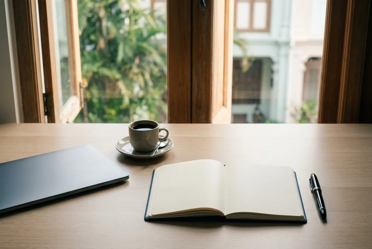 A tidy desk by a shophouse window with a notebook, a fountain pen and a cup of kopi
