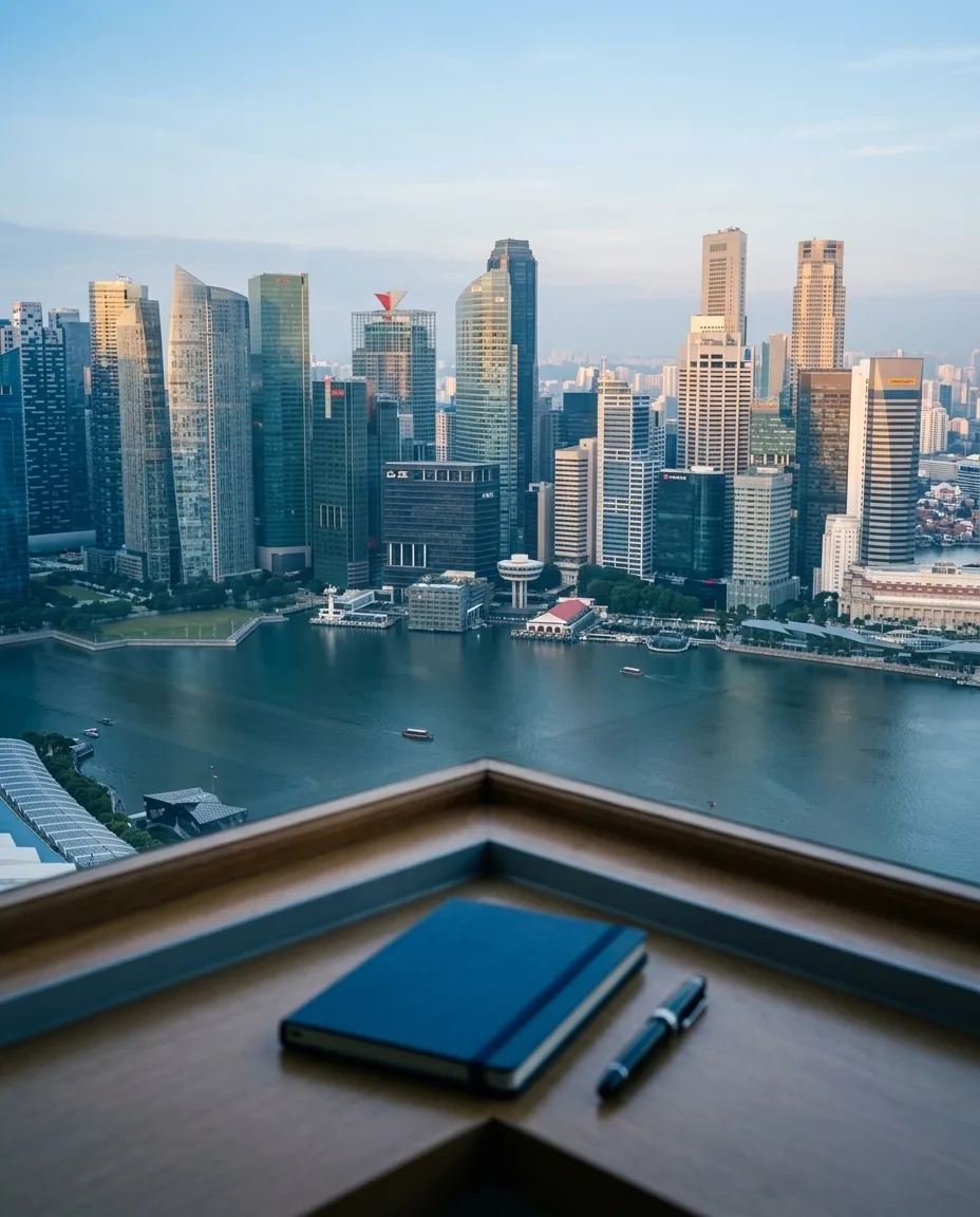 Singapore's Marina Bay financial district at dawn, seen from an office window